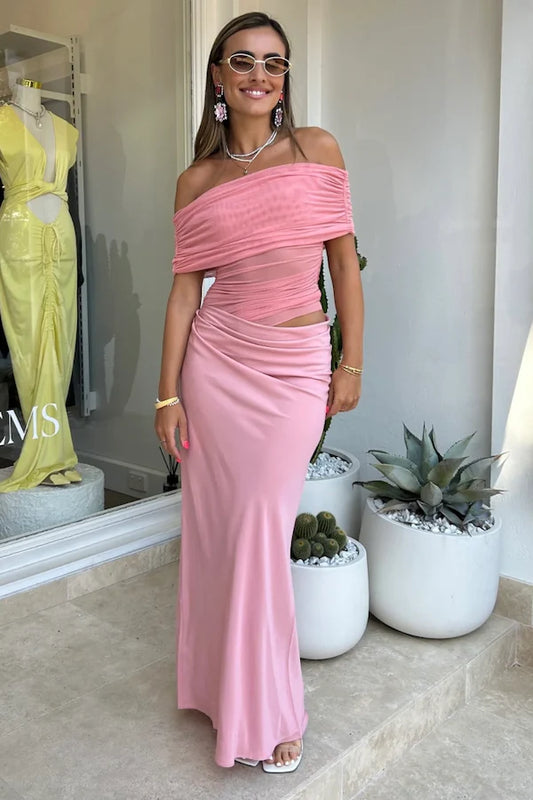 Benni Nico Off Shoulder Maxi Dress In Candy Floss Size 8