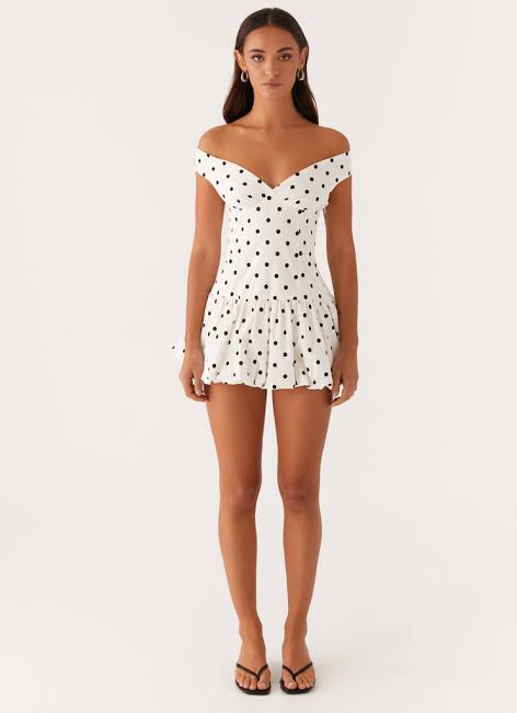 Peppermayo Endless Romance Off Shoulder Mini Dress White Polka Dot