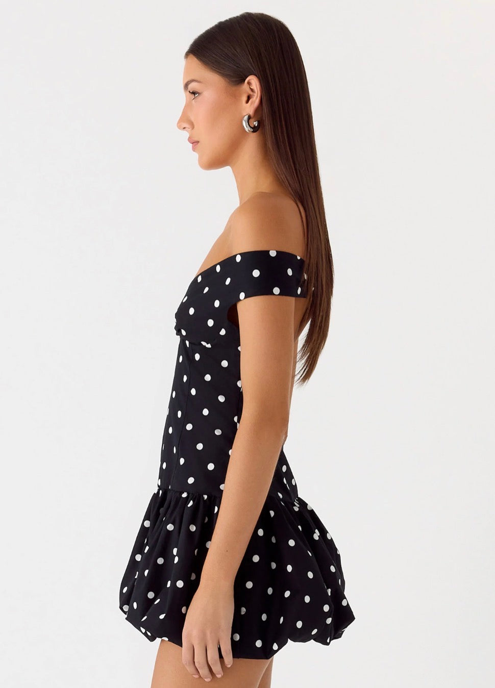 Peppermayo Exclusive - Endless Romance Off Shoulder Mini Dress - Black Polkadot Size 10