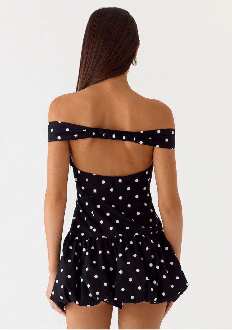 Peppermayo Exclusive - Endless Romance Off Shoulder Mini Dress - Black Polkadot Size 10