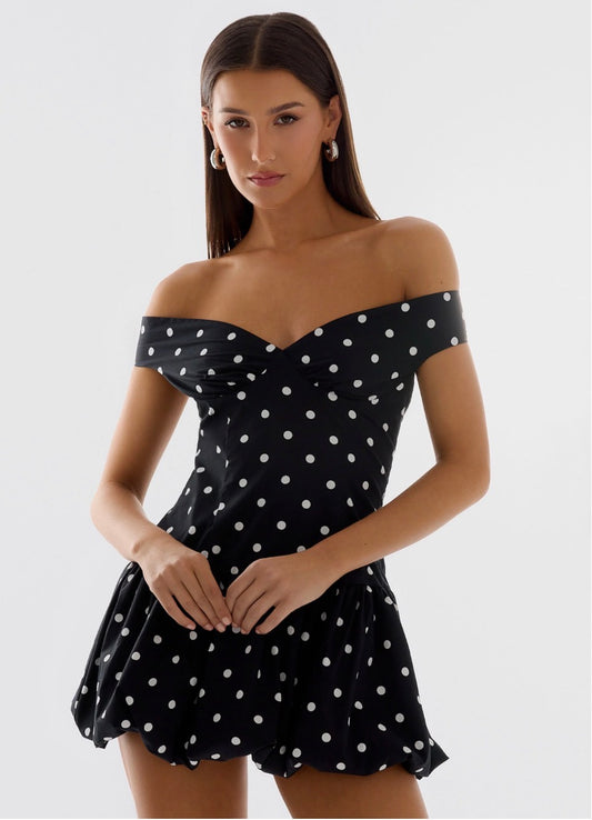 Peppermayo Exclusive - Endless Romance Off Shoulder Mini Dress - Black Polkadot Size 10