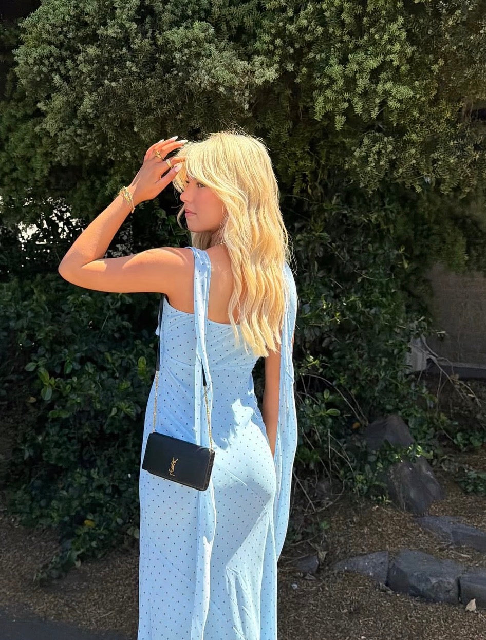 Ruby – Riley Sash Dress (Blue Polka Dot, Size 8)