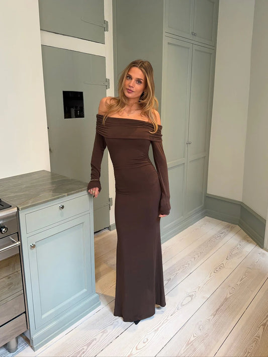 DesignsBySi – Nitta Off-Shoulder Maxi Dress (Brown, M/L)