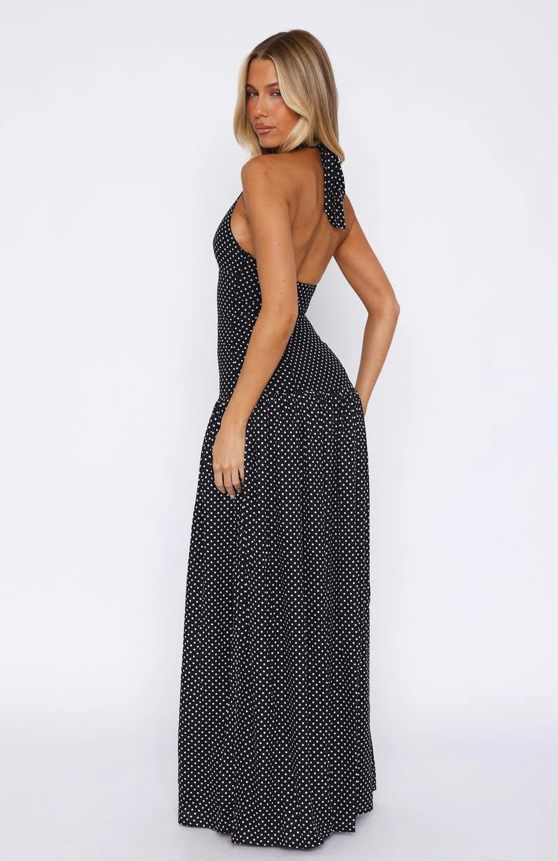 White Fox – Sweet Temptation Halter Maxi Dress (Black/White Polka Dot, M)