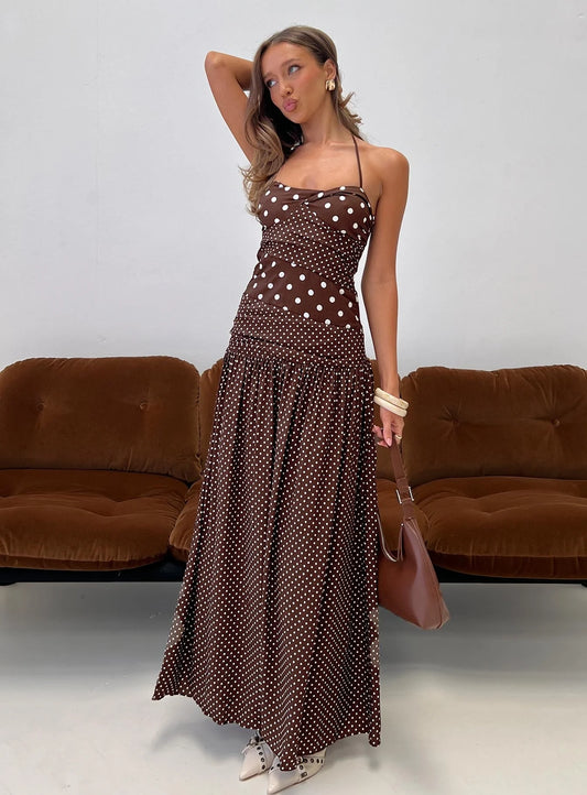 Princess Polly – Marguerite Halter Maxi Dress (Brown Polka Dot, Size 8)