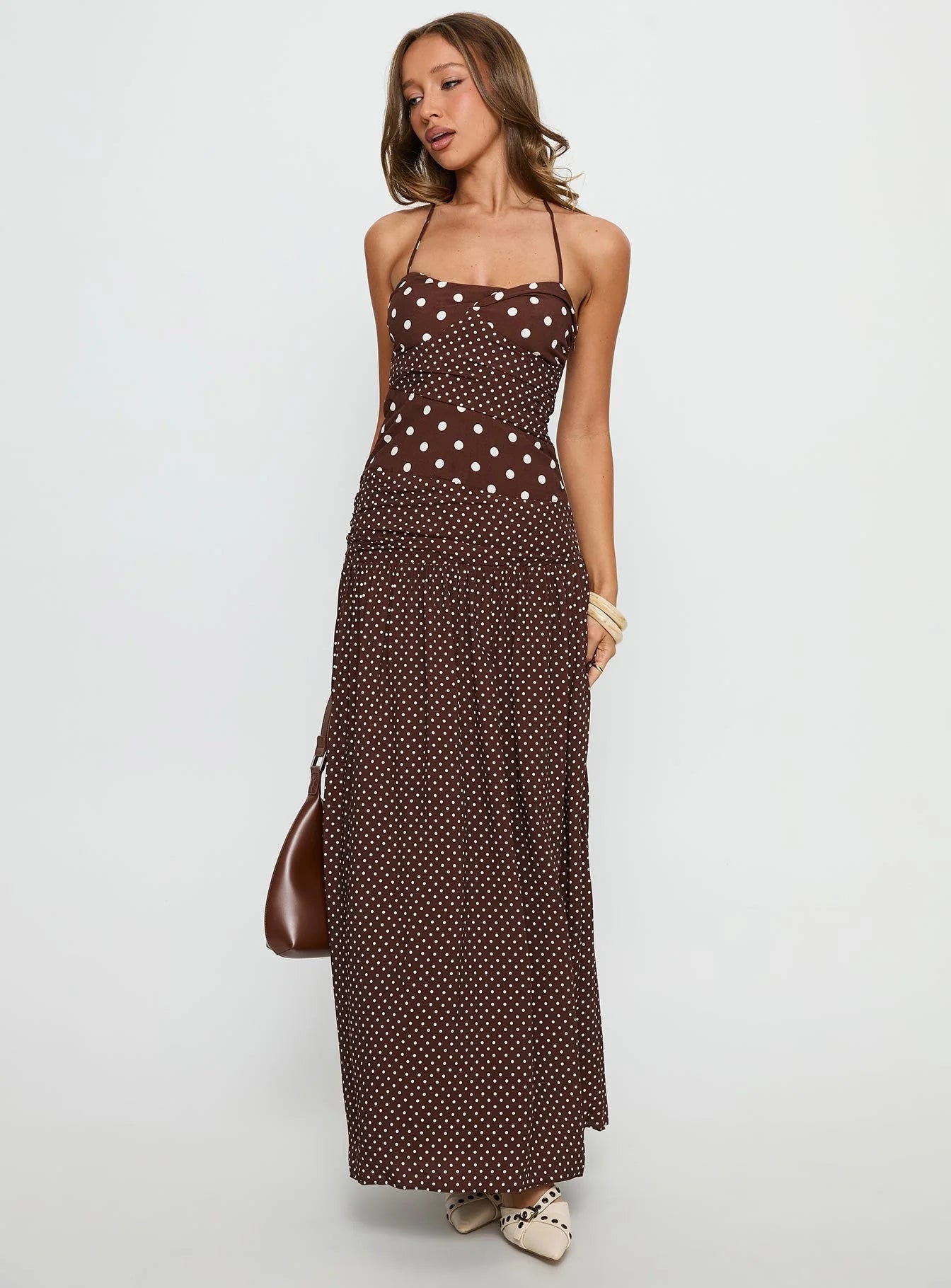 Princess Polly – Marguerite Halter Maxi Dress (Brown Polka Dot, Size 8)