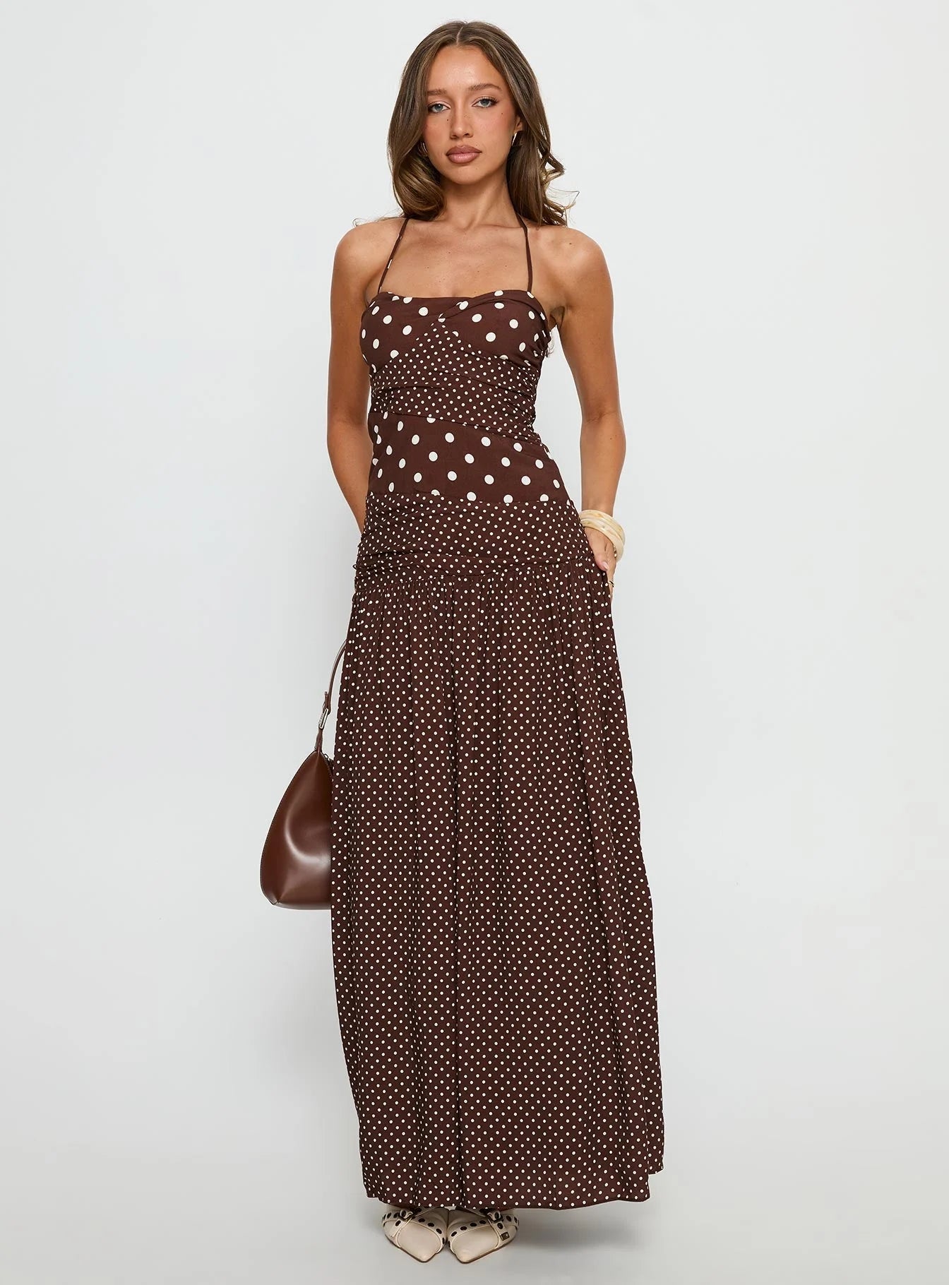 Princess Polly – Marguerite Halter Maxi Dress (Brown Polka Dot, Size 8)